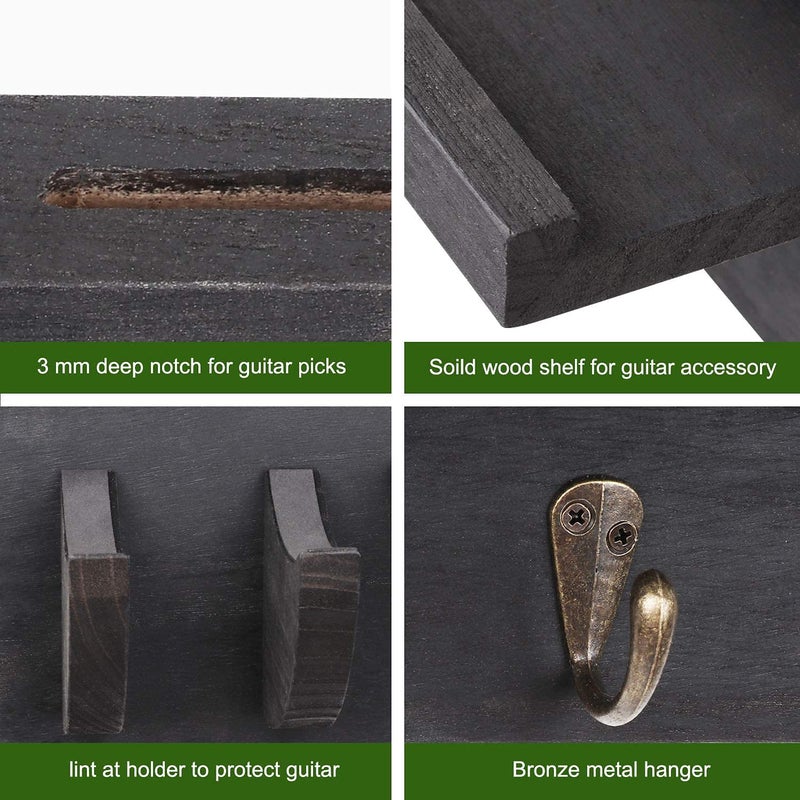 Bikoney Guitar Wall Hanger Guitar Holder Wall Mount Bracket Hanger Guitar Wood Hanging with Pick Holder and 3 Hooks Vintage Black, [U.S. Patent] - Image 3